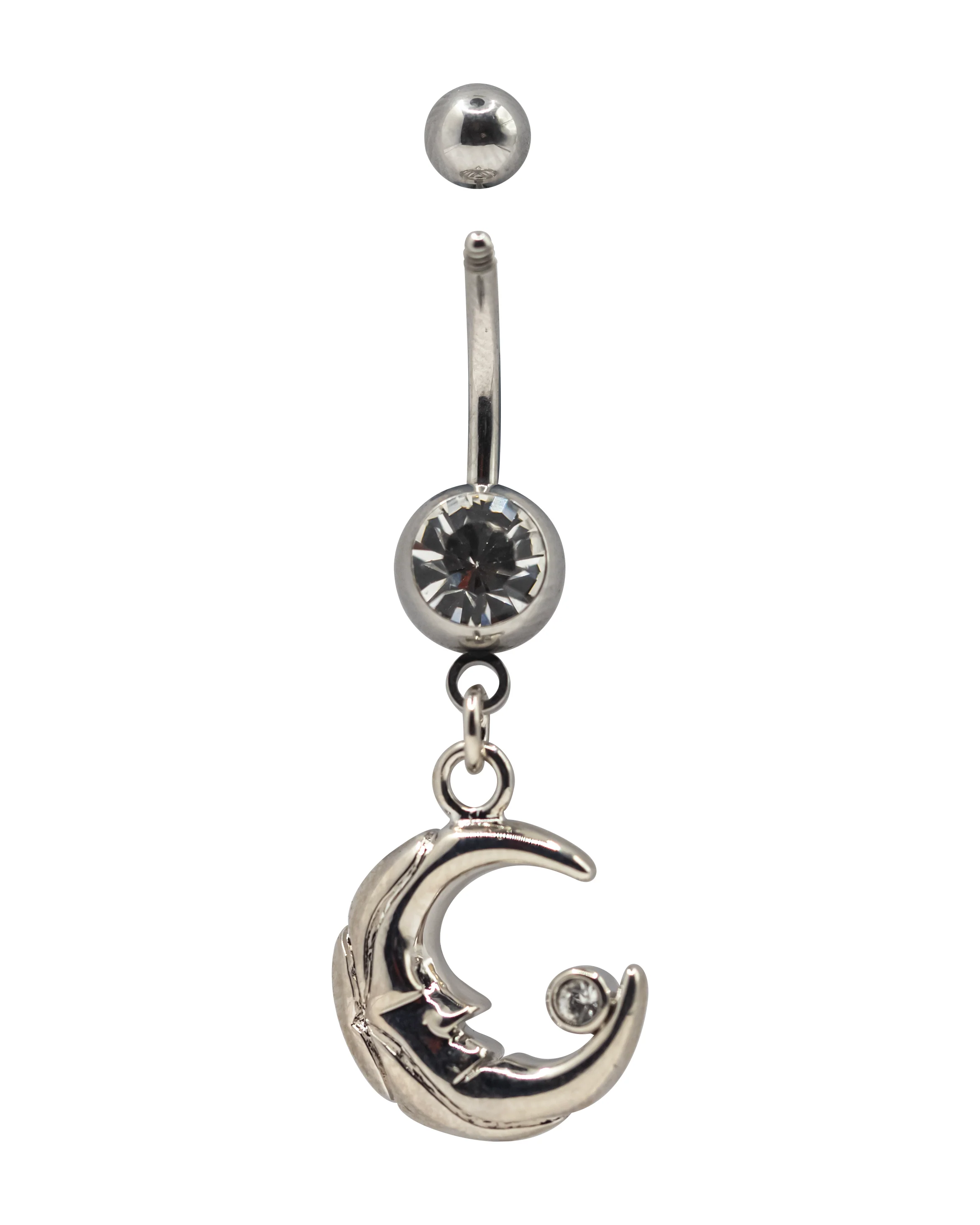 Moon Dangly Silver Navel Bar CZ - Image 3