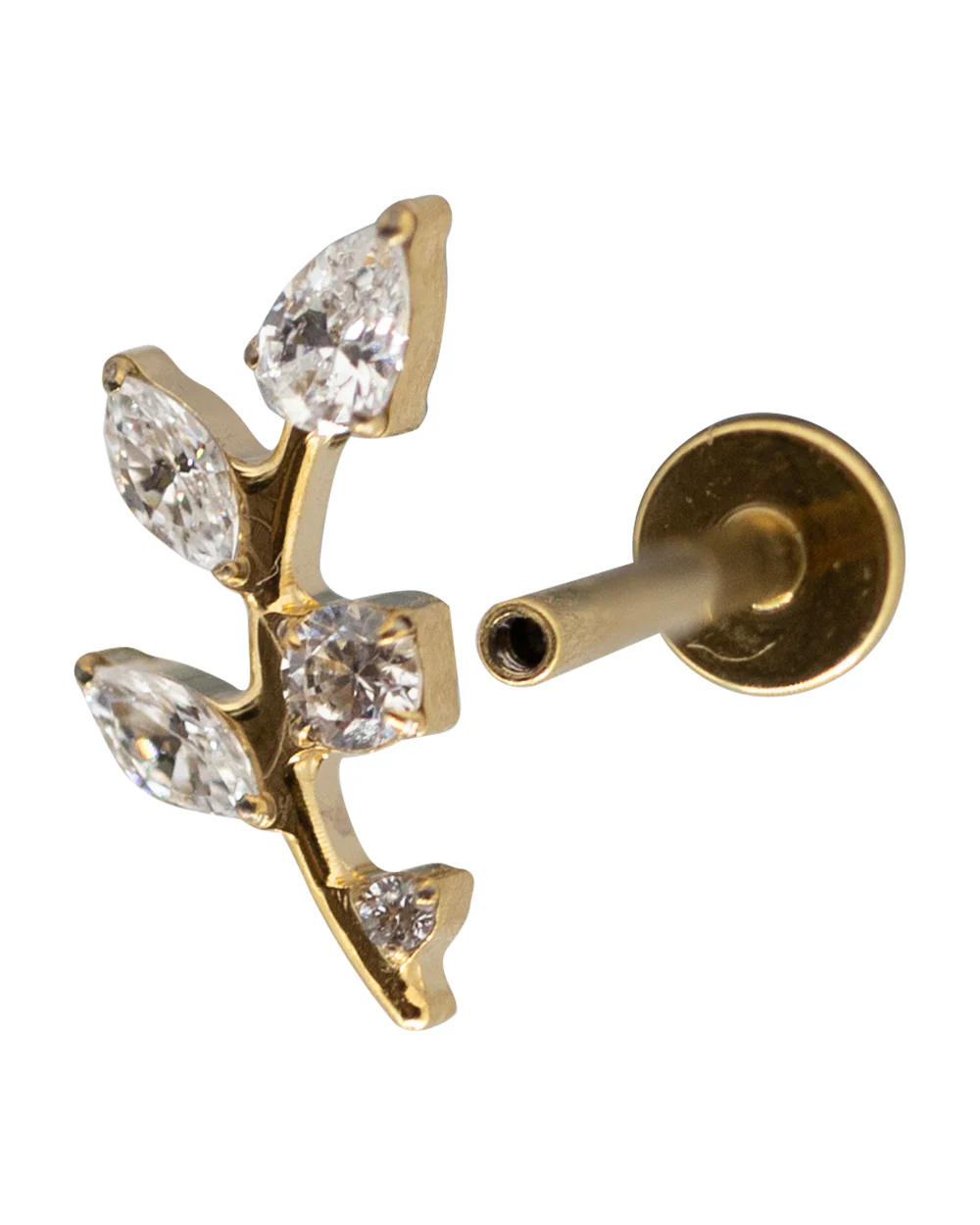 Gold CZ Leaf 14k pvd Titanium 16g Internal Thread Labret Stud - Image 2