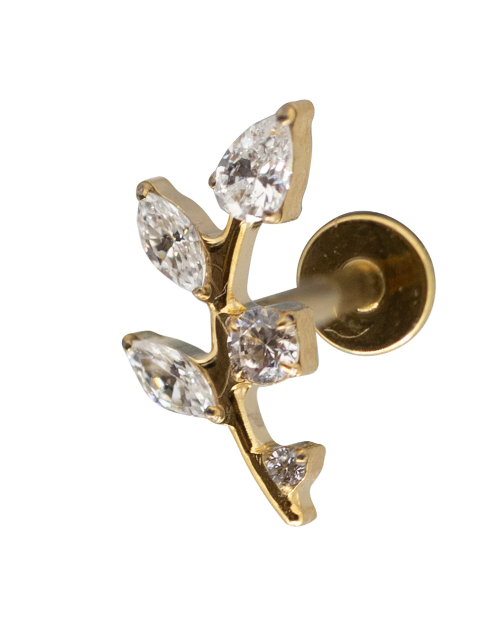 Gold CZ Leaf 14k pvd Titanium 16g Internal Thread Labret Stud - Image 3