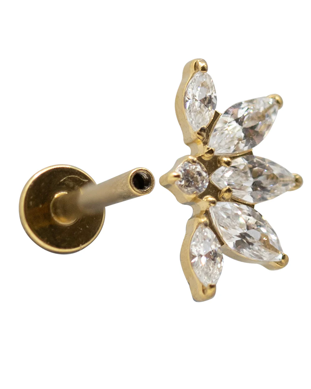 Gold Fan CZ Marquise 14ct pvd Titanium 16g Internal Thread Labret Stud - Image 2