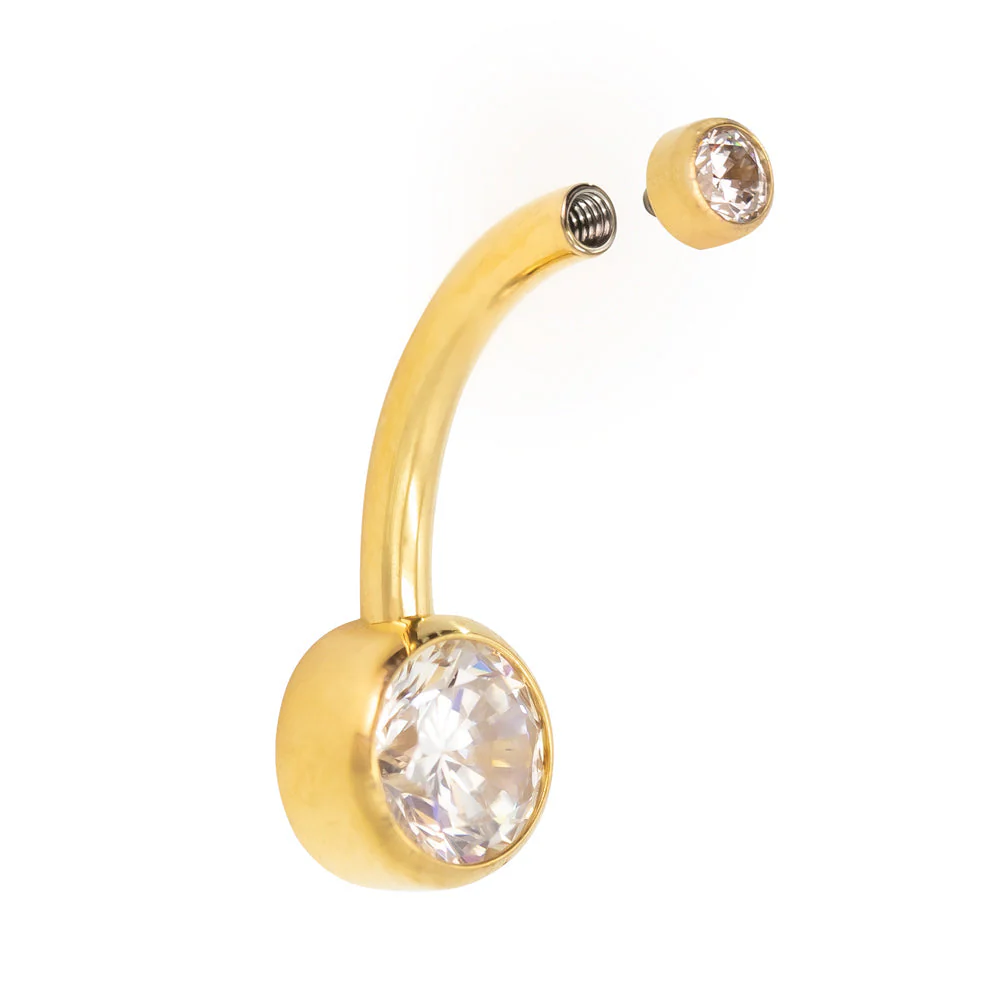 Yellow Gold Titanium CZ Navel Bar - Image 4