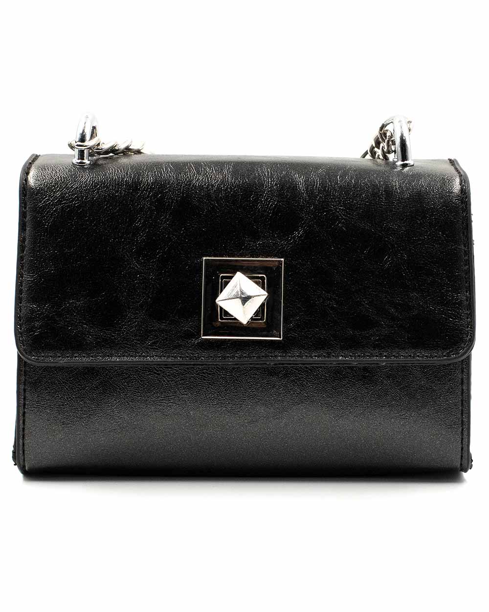 Purse - Small Black X-Body Bag W/ Turn Clasp And Chains Black Sv - Image 6