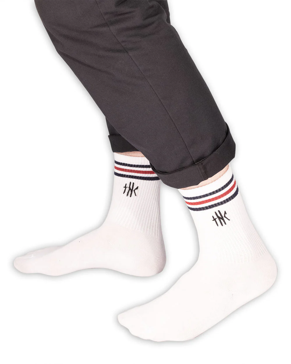 Socks - Calf High Tube Socks Thc Embroidery White W/ Red/Blue Stripe - Image 2